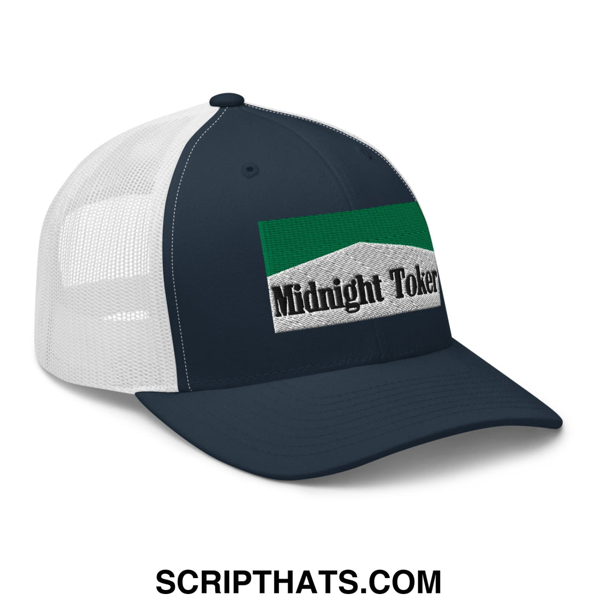 Navy blue and white mesh trucker hat with green and gray embroidered midnight toker patch for cigarette menthol fans