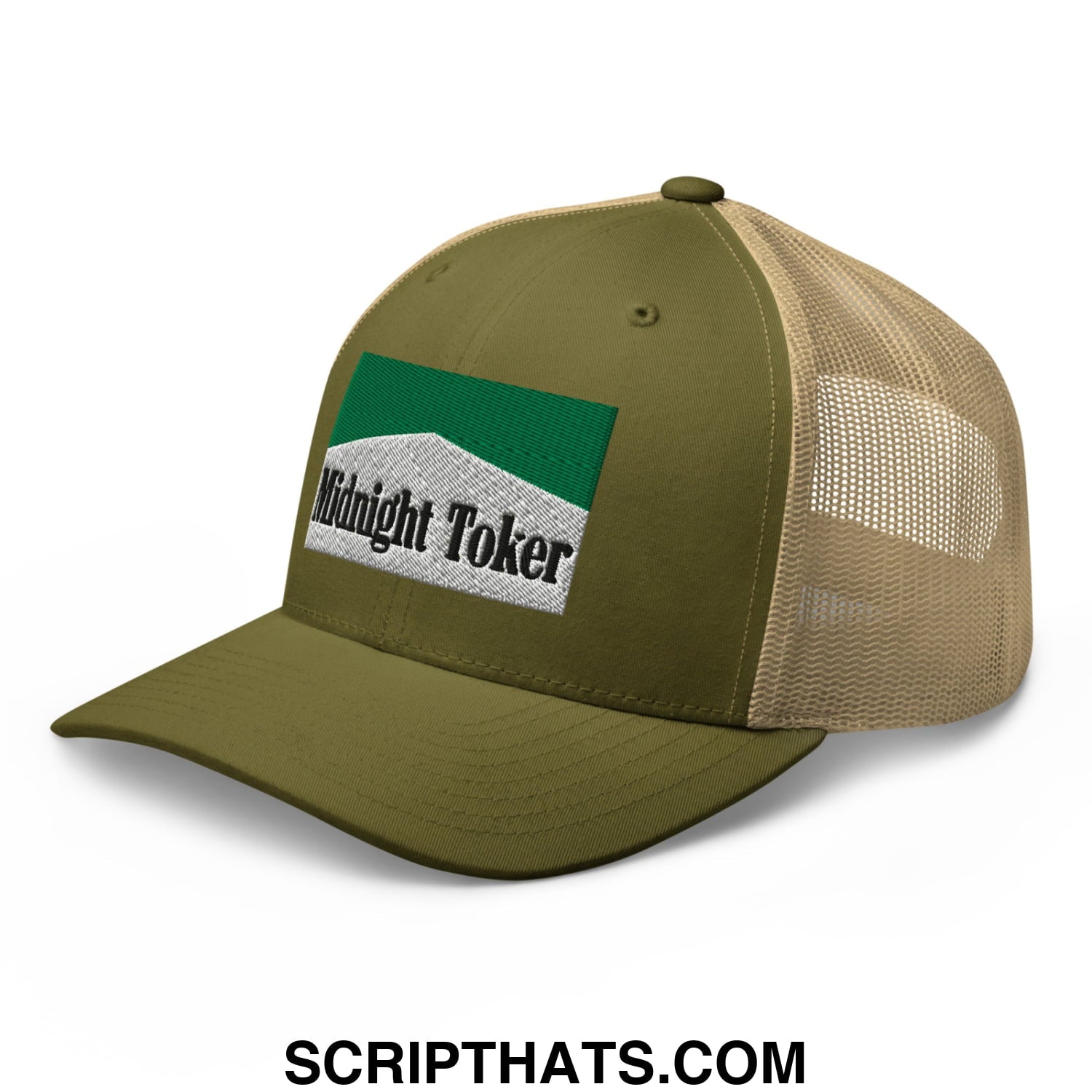 Midnight Toker Cigarette Menthol Green Embroidered Mesh Trucker Hat Moss Khaki
