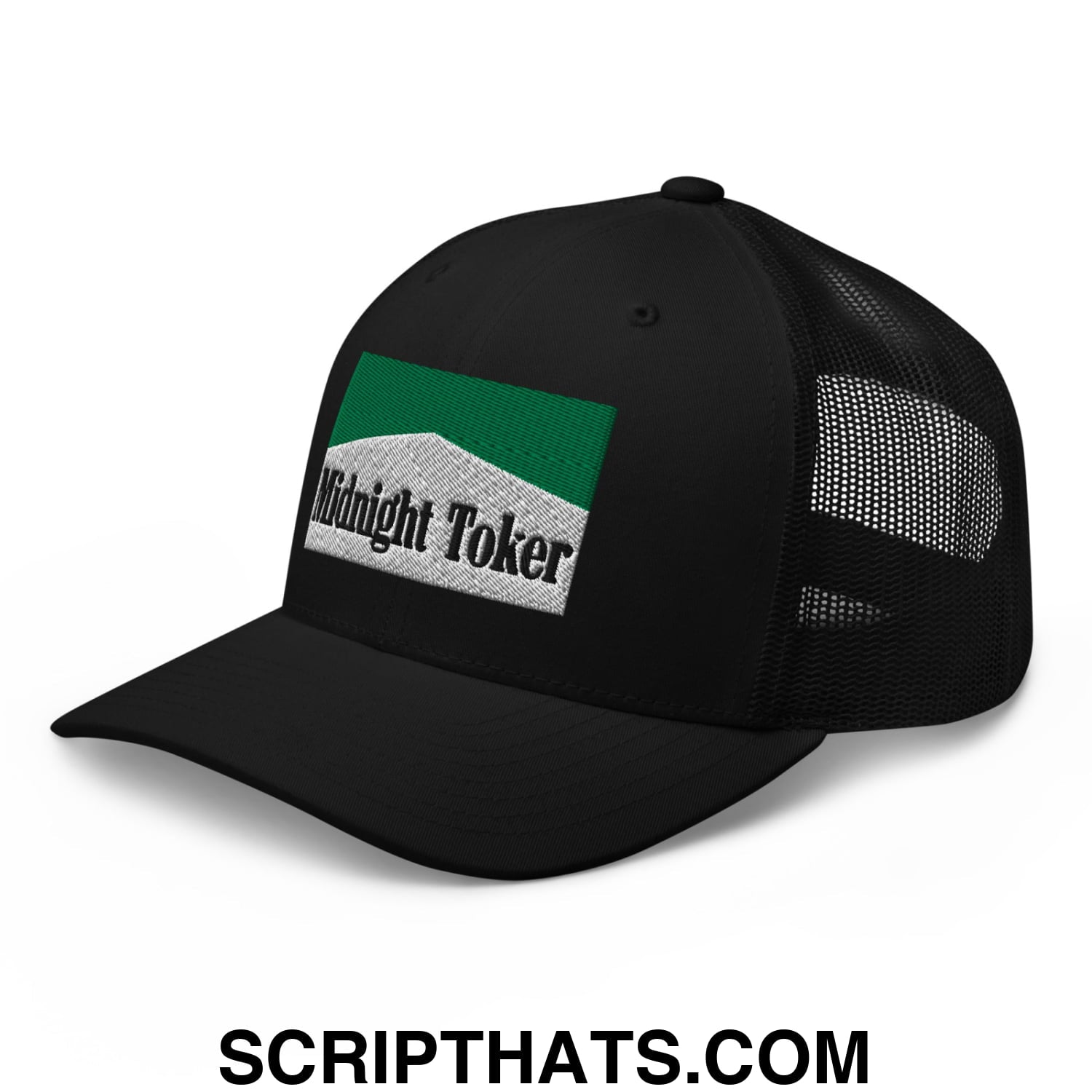 Midnight Toker Cigarette Menthol Green Embroidered Mesh Trucker Hat Black