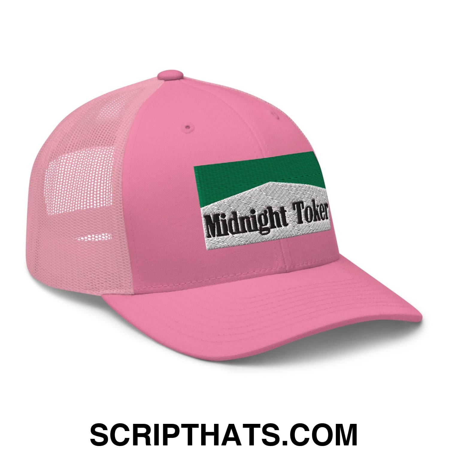 Midnight Toker Cigarette Menthol Green Embroidered Mesh Trucker Hat Pink