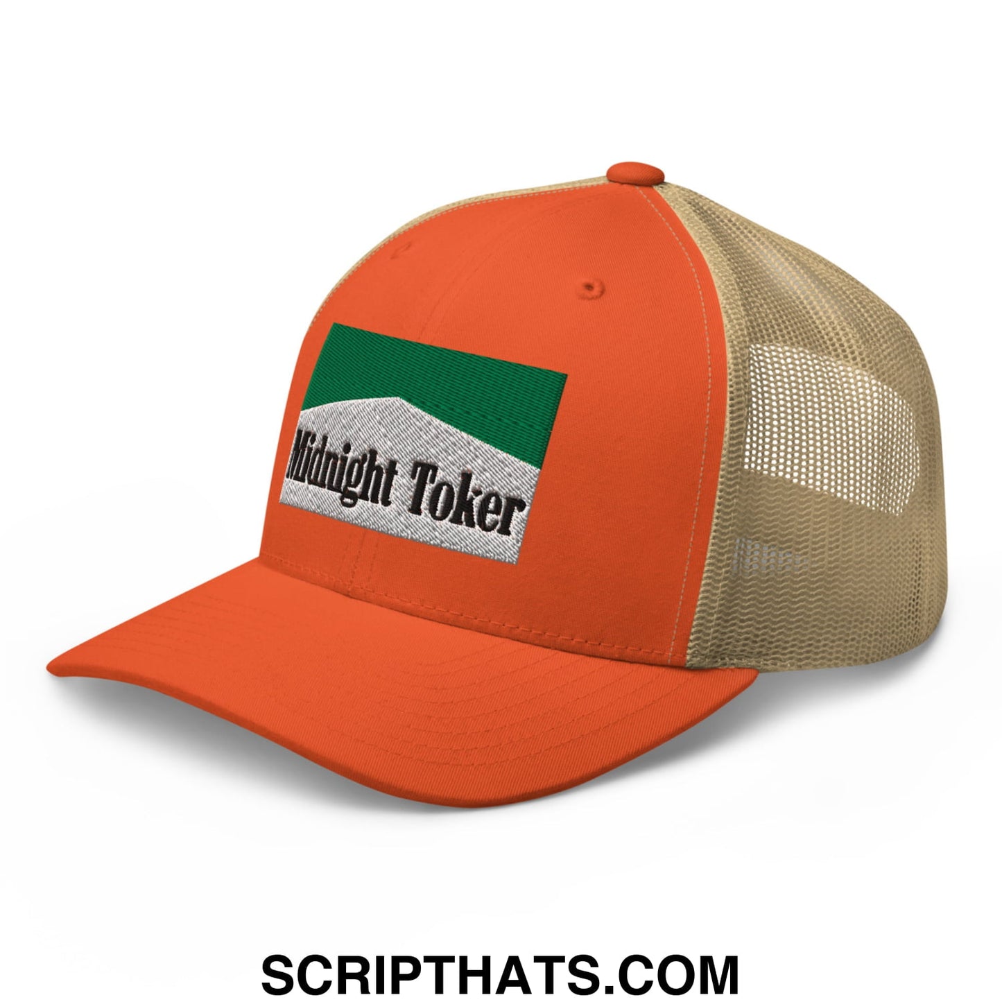 Midnight Toker Cigarette Menthol Green Embroidered Mesh Trucker Hat Rustic Orange Khaki