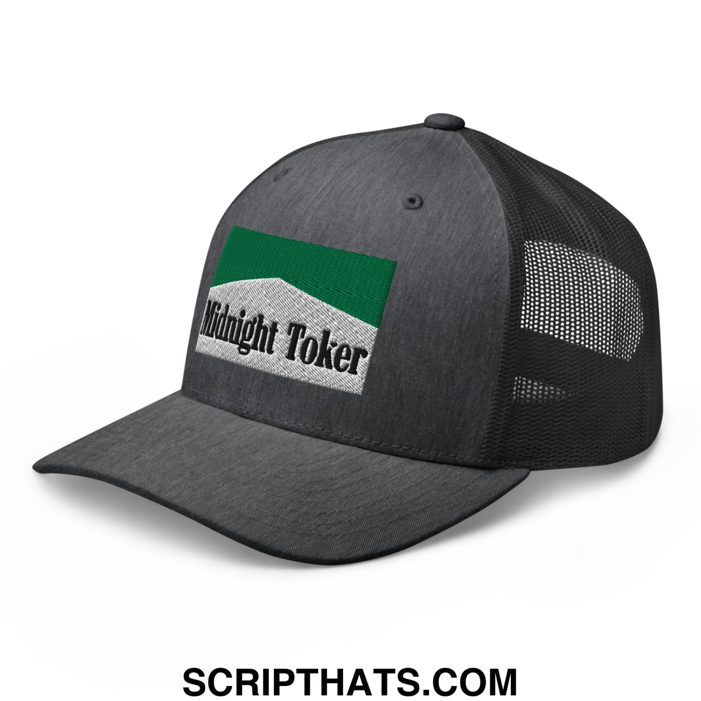 Midnight Toker Cigarette Menthol Green Embroidered Mesh Trucker Hat Dark Heather Gray