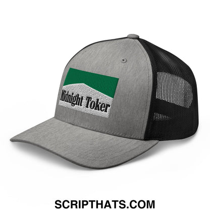 Midnight Toker Cigarette Menthol Green Embroidered Mesh Trucker Hat Heather Black