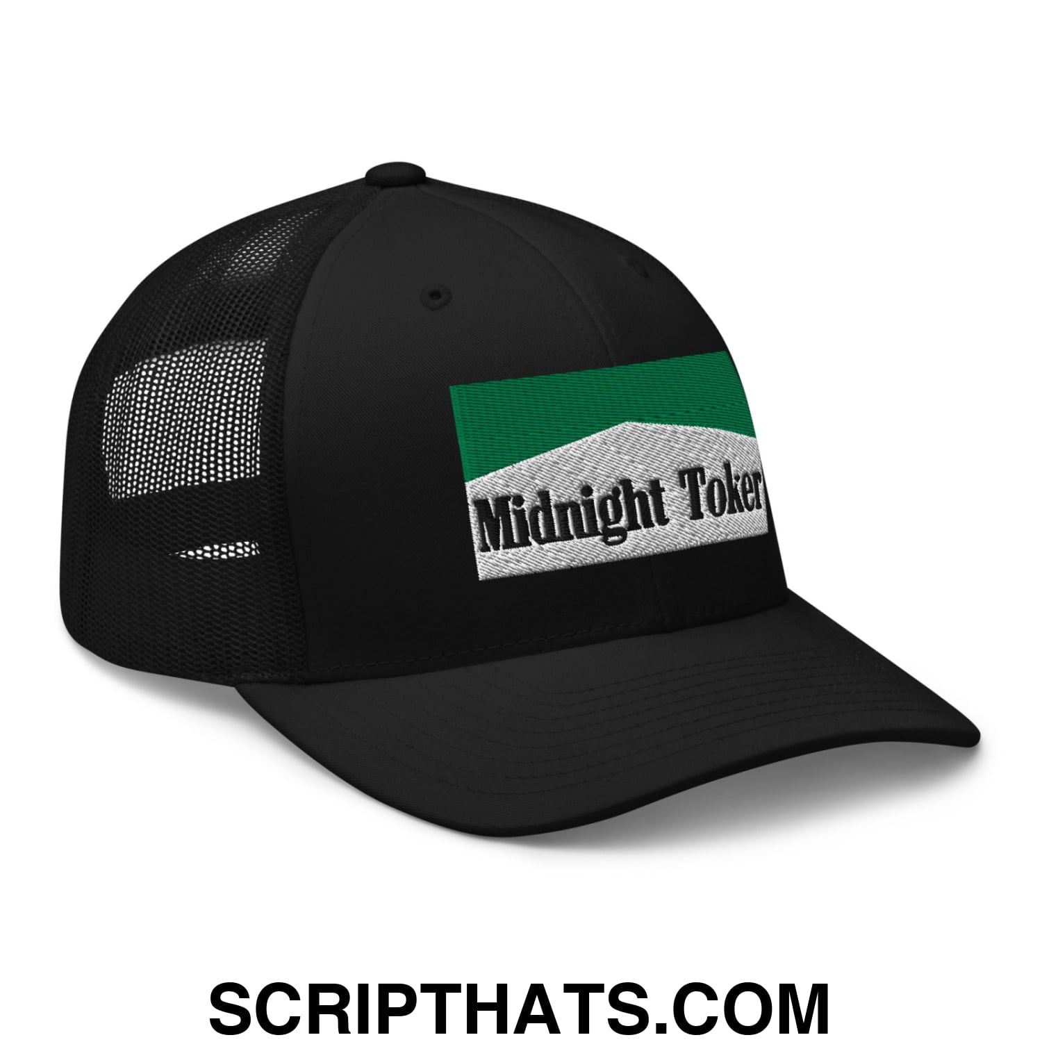 Midnight Toker Cigarette Menthol Green Embroidered Mesh Trucker Hat Black