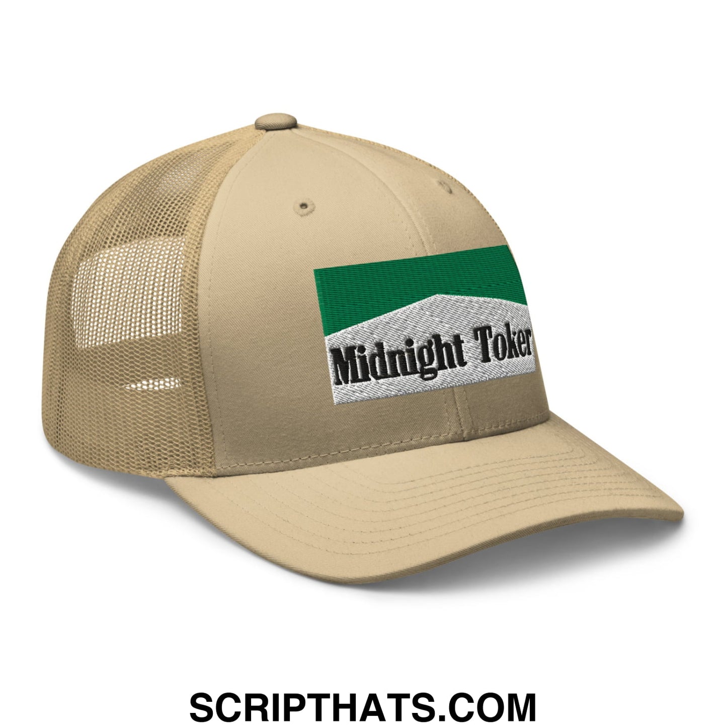 Midnight Toker Cigarette Menthol Green Embroidered Mesh Trucker Hat Khaki