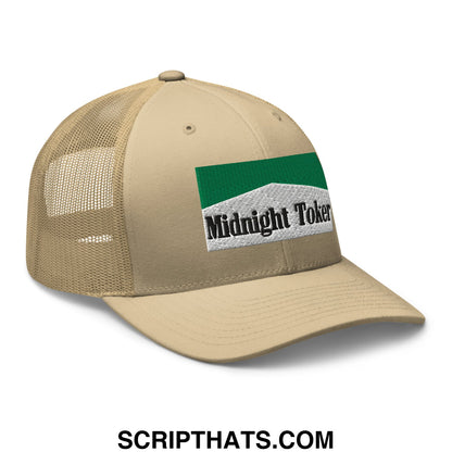 Midnight Toker Cigarette Menthol Green Embroidered Mesh Trucker Hat Khaki