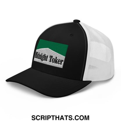 Midnight Toker Cigarette Menthol Green Embroidered Mesh Trucker Hat Black White