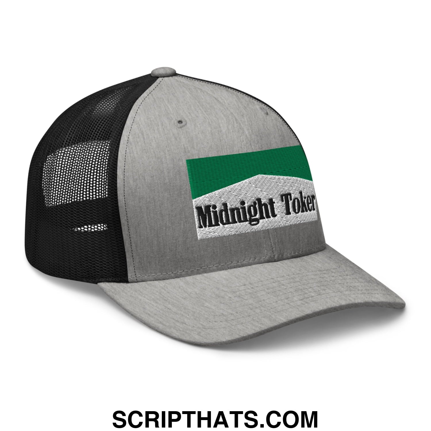 Midnight Toker Cigarette Menthol Green Embroidered Mesh Trucker Hat Heather Black