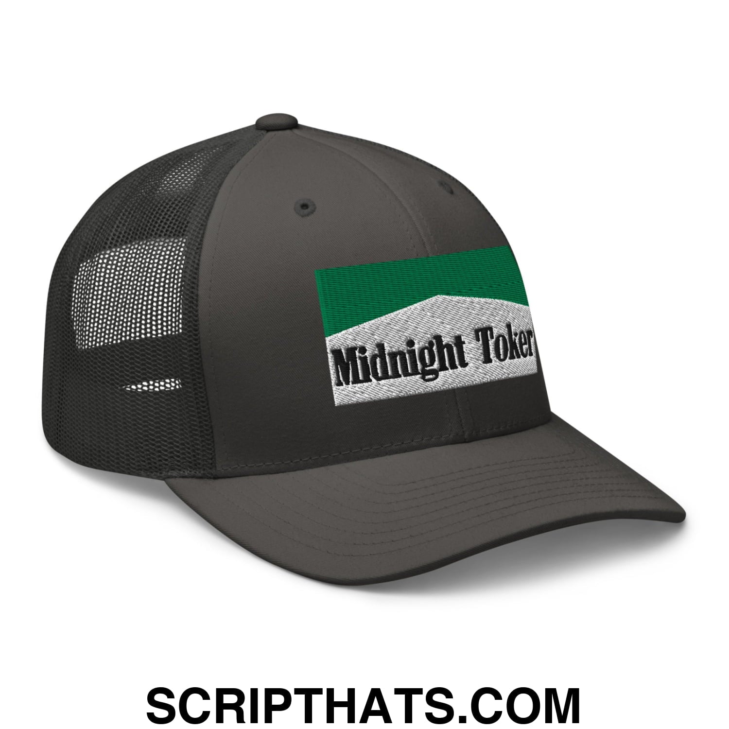 Midnight Toker Cigarette Menthol Green Embroidered Mesh Trucker Hat Charcoal