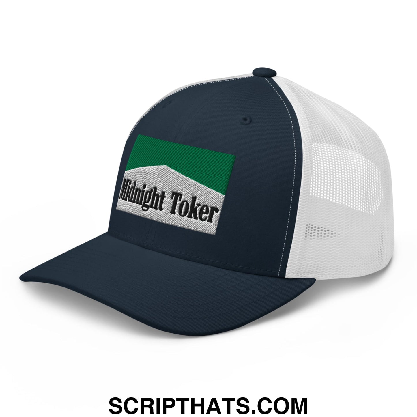 Midnight Toker Cigarette Menthol Green Embroidered Mesh Trucker Hat Navy White