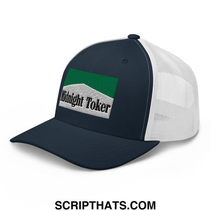 Midnight Toker Cigarette Menthol Green Embroidered Mesh Trucker Hat Navy White
