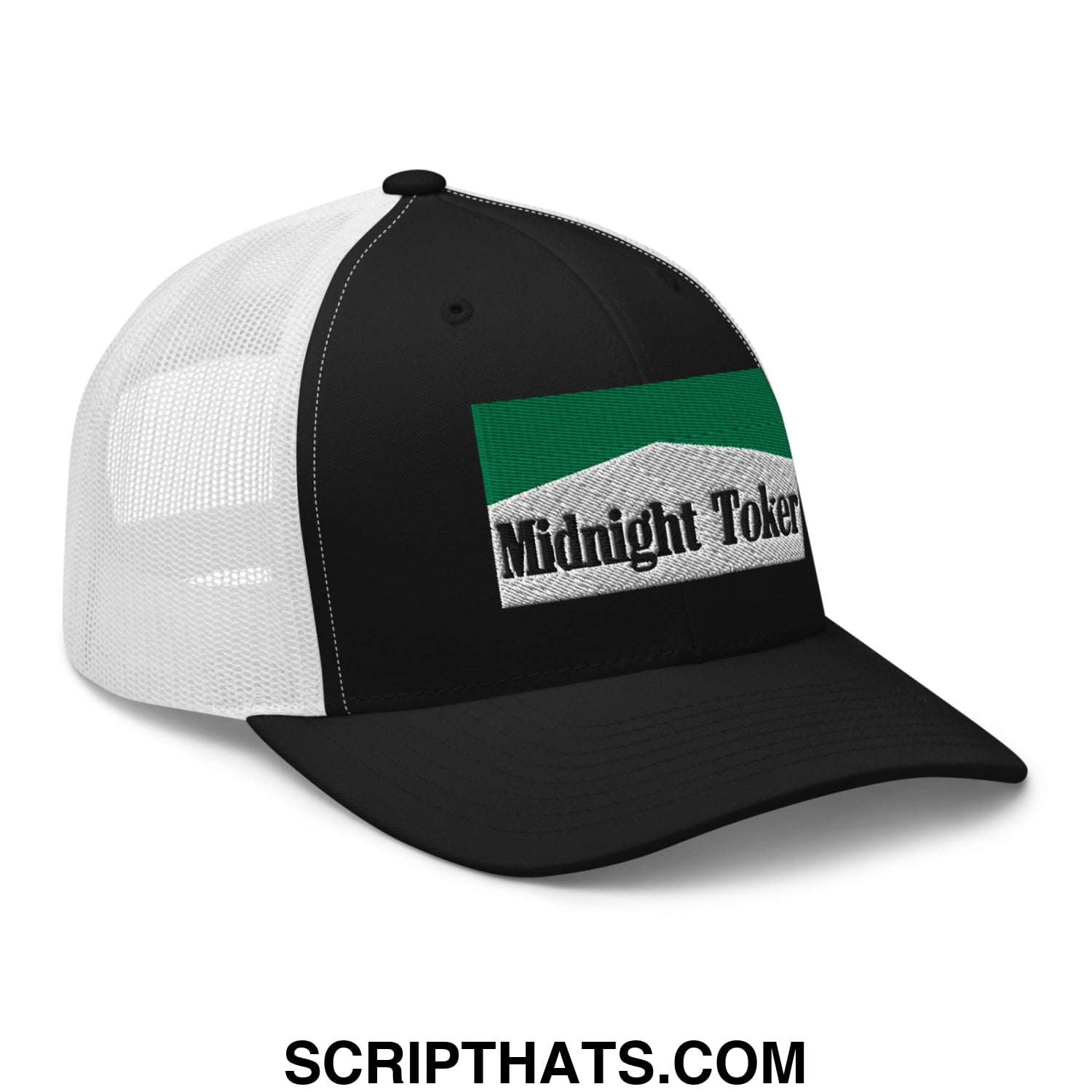 Midnight Toker Cigarette Menthol Green Embroidered Mesh Trucker Hat Black White