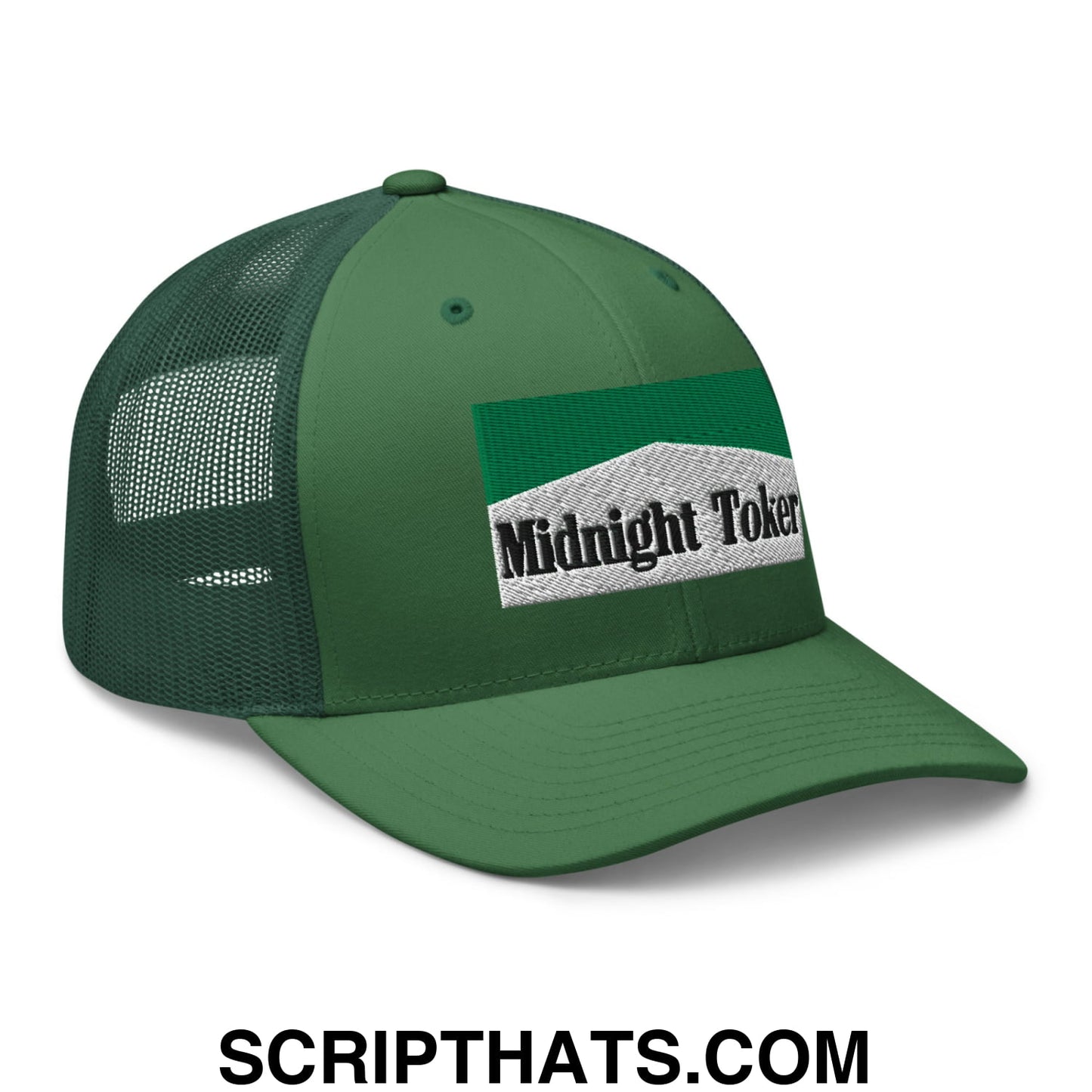 Midnight Toker Cigarette Menthol Green Embroidered Mesh Trucker Hat Evergreen