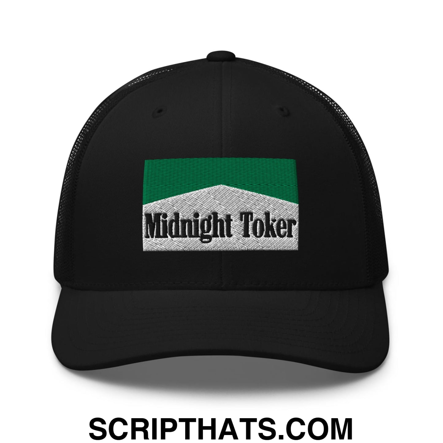 Midnight Toker Cigarette Menthol Green Embroidered Mesh Trucker Hat Black