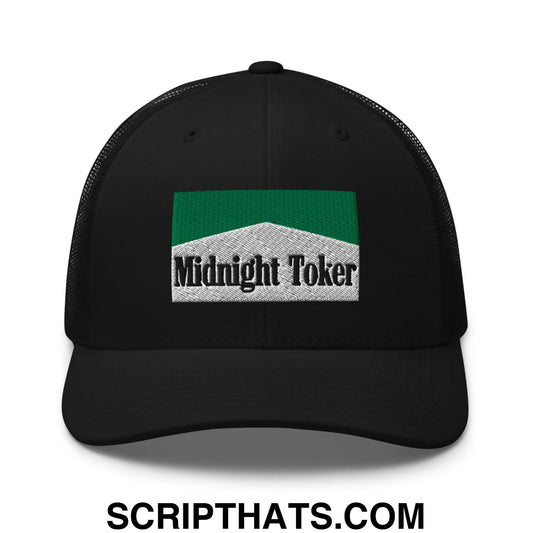 Midnight Toker Cigarette Menthol Green Embroidered Mesh Trucker Hat Black