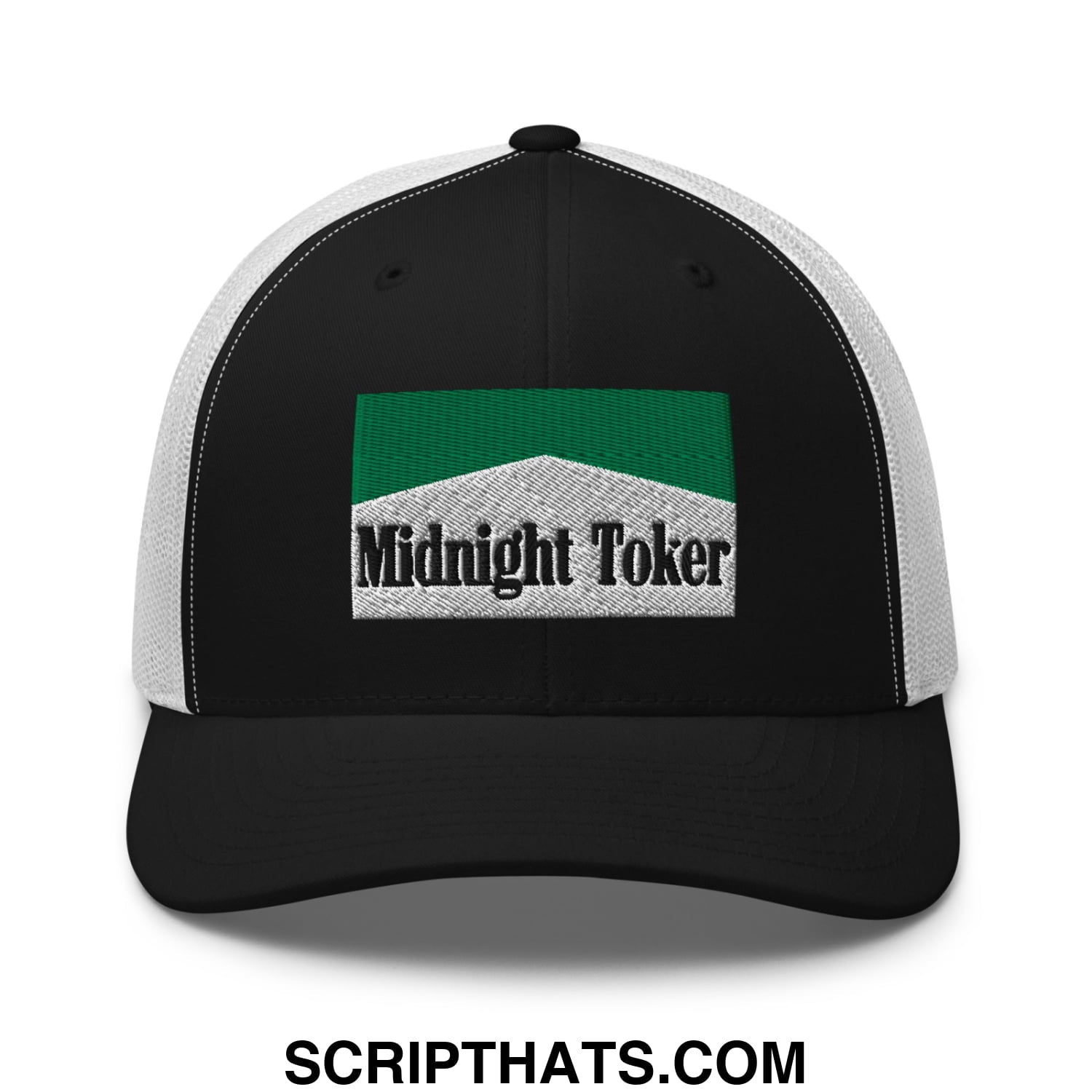 Midnight Toker Cigarette Menthol Green Embroidered Mesh Trucker Hat Black White