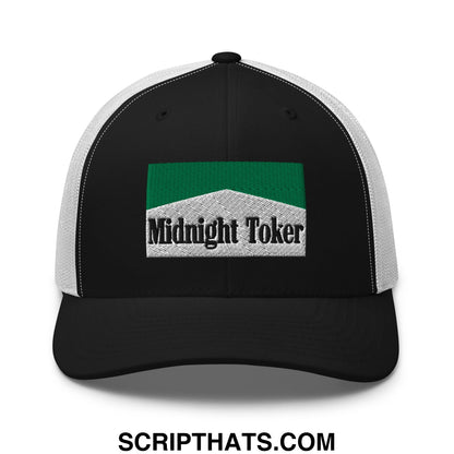 Midnight Toker Cigarette Menthol Green Embroidered Mesh Trucker Hat Black White