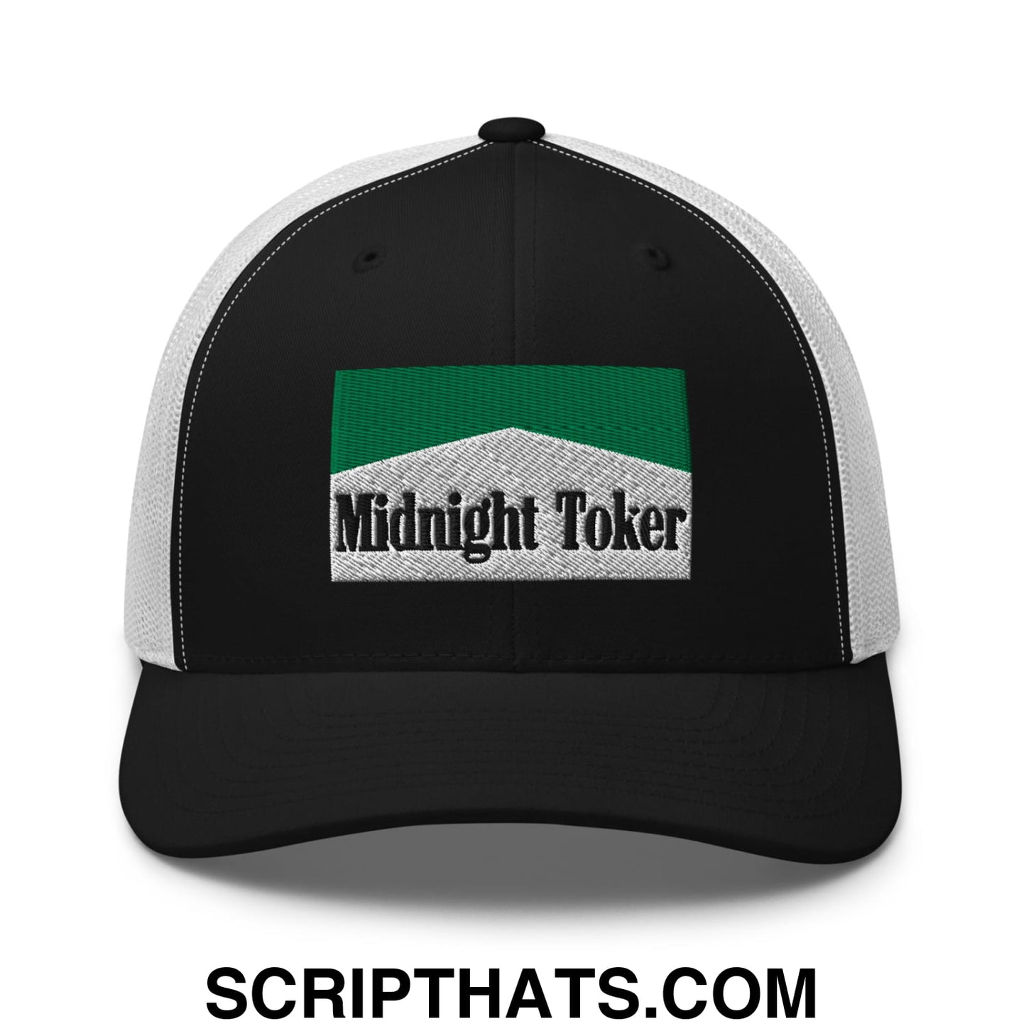 Midnight Toker Cigarette Menthol Green Embroidered Mesh Trucker Hat Black White