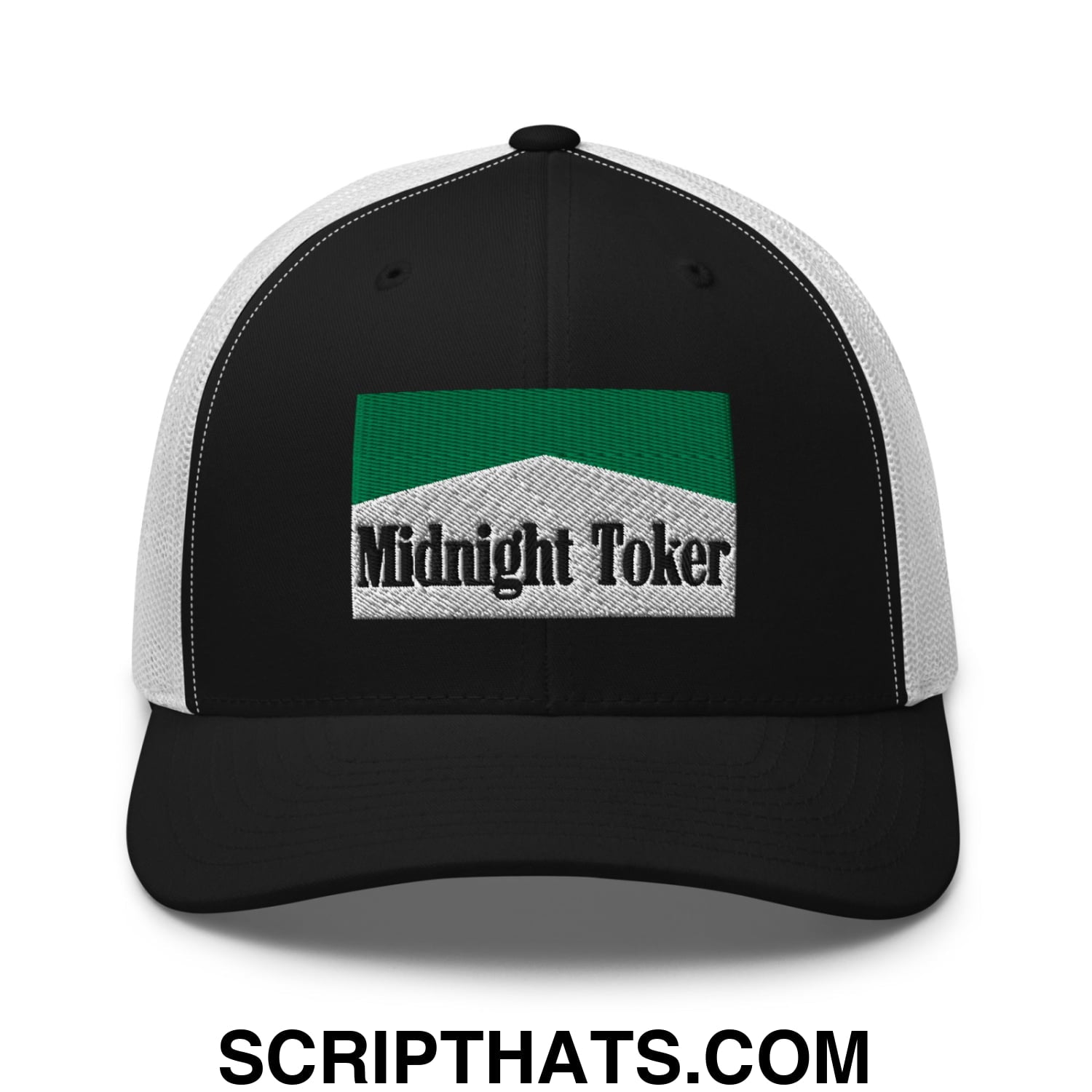 Midnight Toker Cigarette Menthol Green Embroidered Mesh Trucker Hat Black White