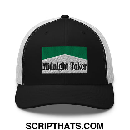 Midnight Toker Cigarette Menthol Green Embroidered Mesh Trucker Hat Black White