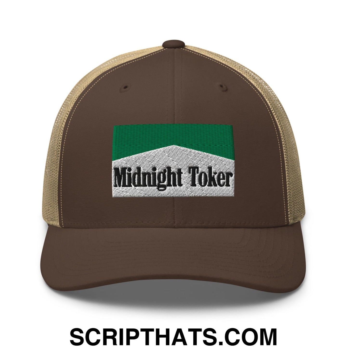 Midnight Toker Cigarette Menthol Green Embroidered Mesh Trucker Hat Brown Khaki