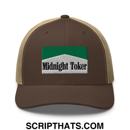 Midnight Toker Cigarette Menthol Green Embroidered Mesh Trucker Hat Brown Khaki