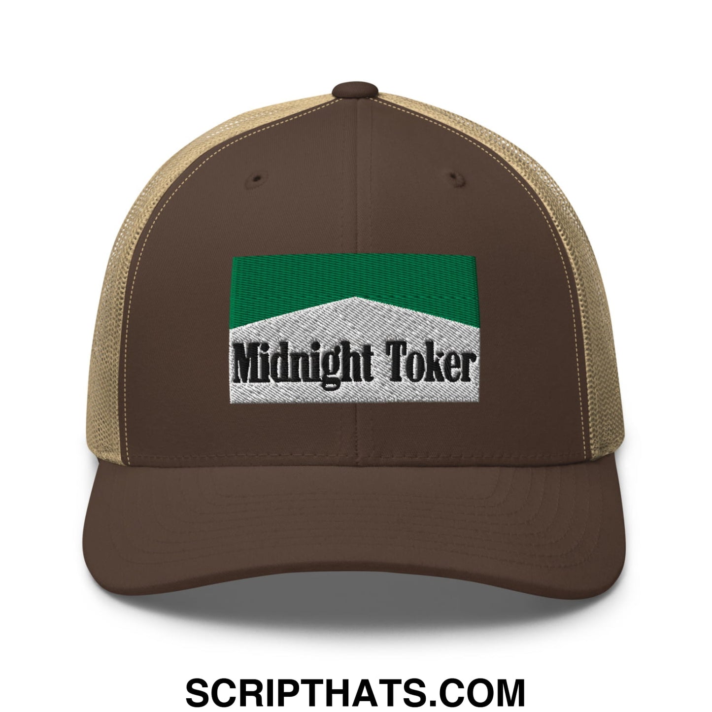 Midnight Toker Cigarette Menthol Green Embroidered Mesh Trucker Hat Brown Khaki
