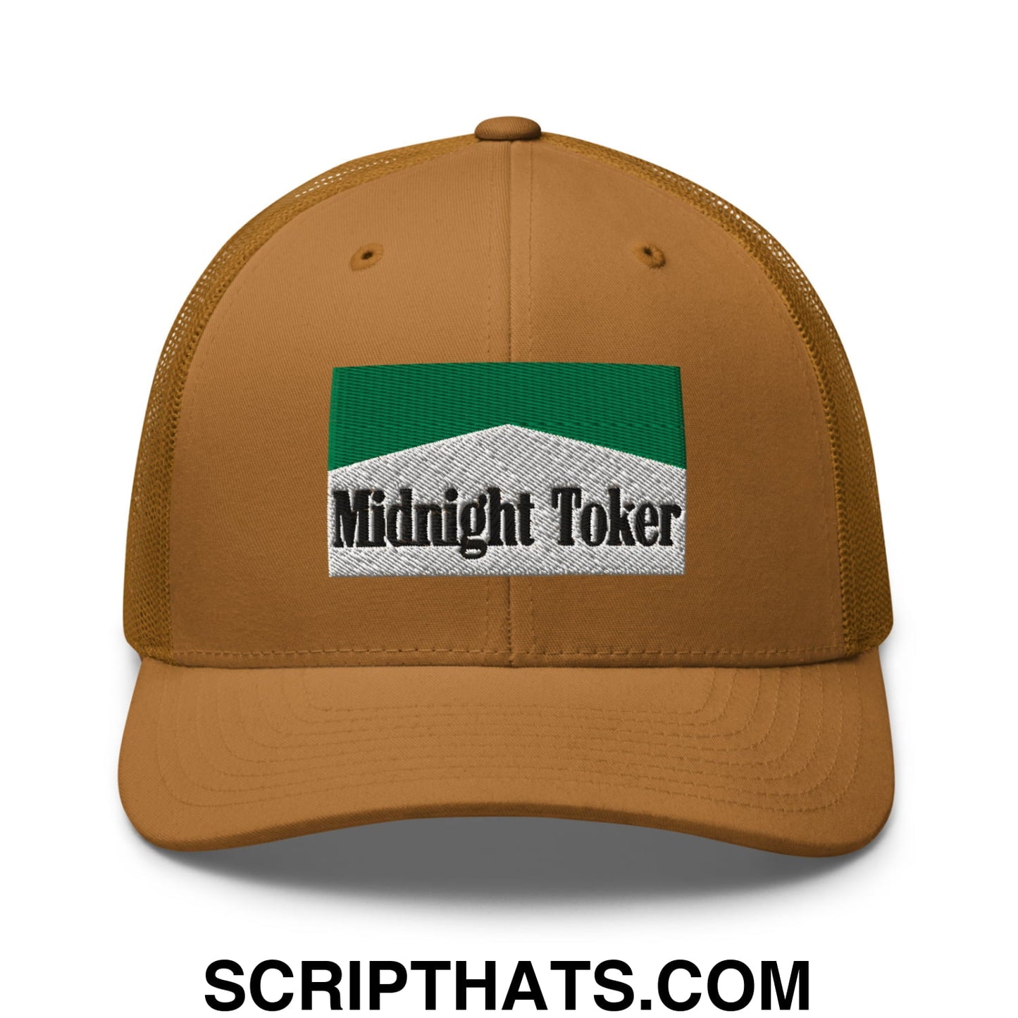 Midnight Toker Cigarette Menthol Green Embroidered Mesh Trucker Hat Caramel