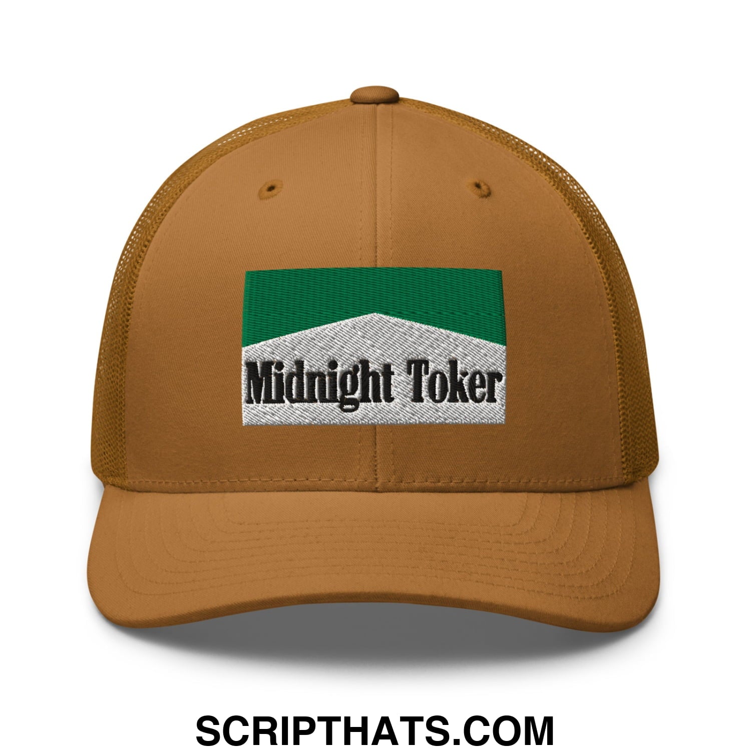 Midnight Toker Cigarette Menthol Green Embroidered Mesh Trucker Hat Caramel