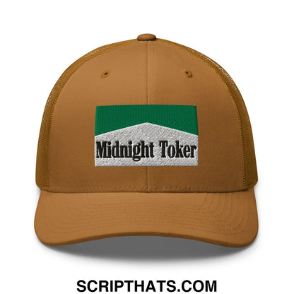 Midnight Toker Cigarette Menthol Green Embroidered Mesh Trucker Hat Caramel