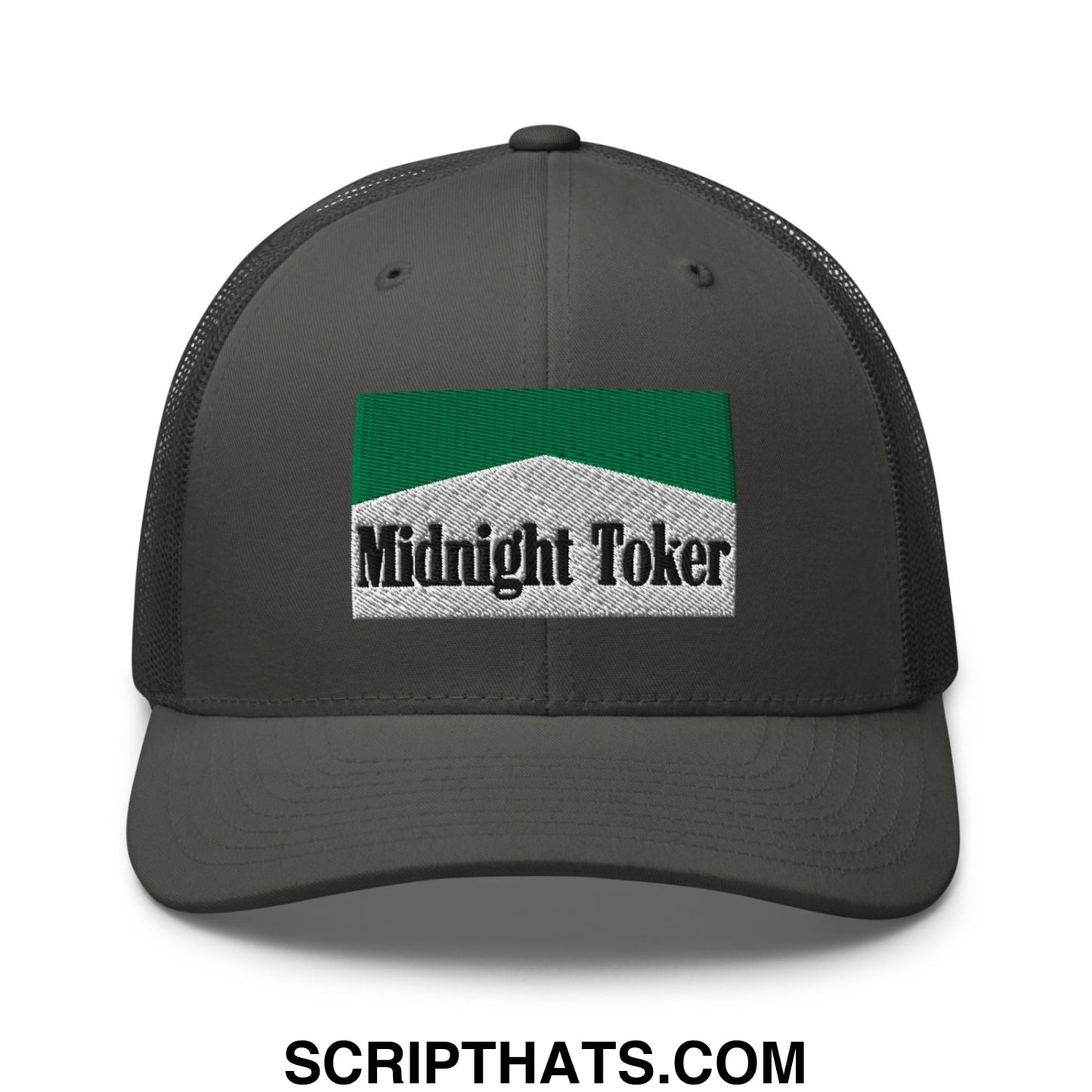 Midnight Toker Cigarette Menthol Green Embroidered Mesh Trucker Hat Charcoal