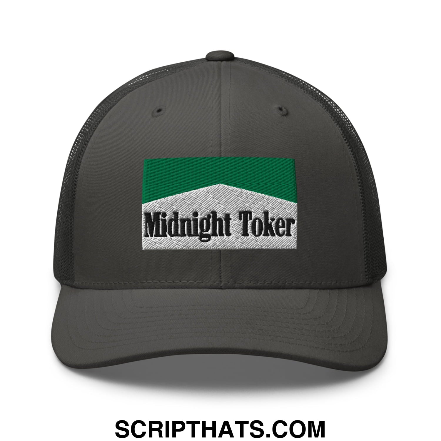 Midnight Toker Cigarette Menthol Green Embroidered Mesh Trucker Hat Charcoal