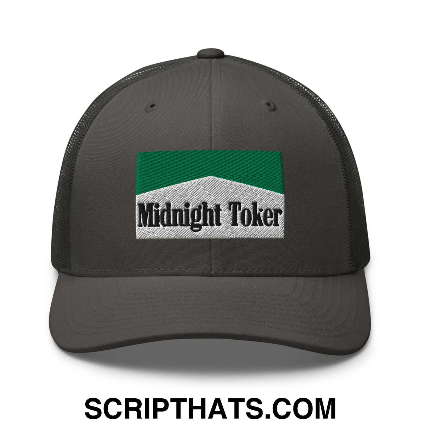 Midnight Toker Cigarette Menthol Green Embroidered Mesh Trucker Hat Charcoal