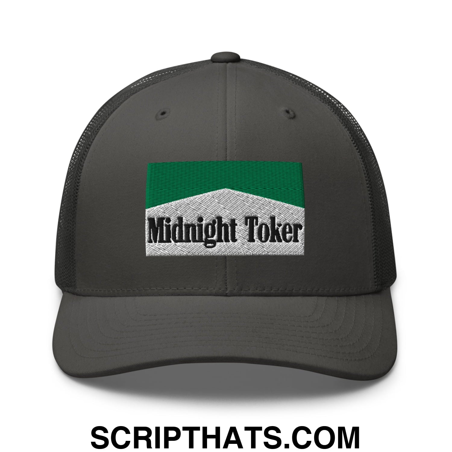 Midnight Toker Cigarette Menthol Green Embroidered Mesh Trucker Hat Charcoal