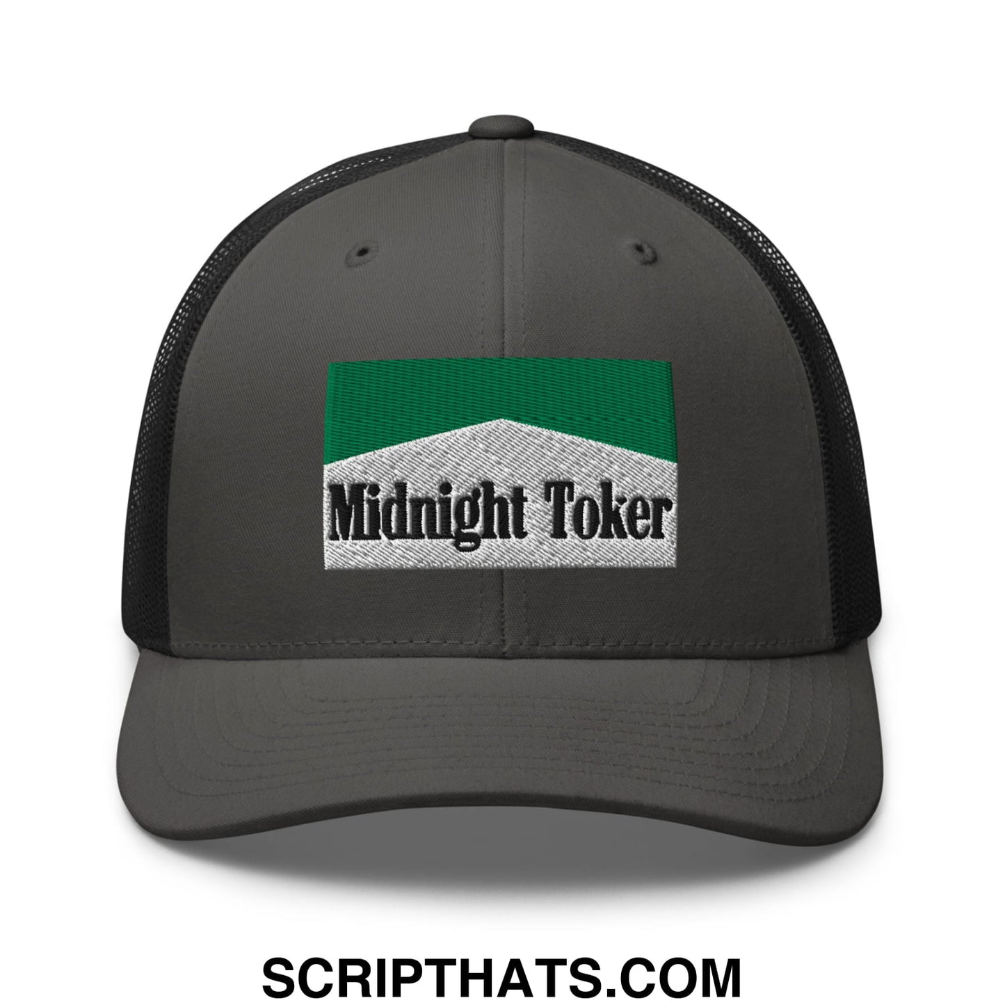 Midnight Toker Cigarette Menthol Green Embroidered Mesh Trucker Hat Charcoal Black