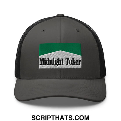 Midnight Toker Cigarette Menthol Green Embroidered Mesh Trucker Hat Charcoal Black