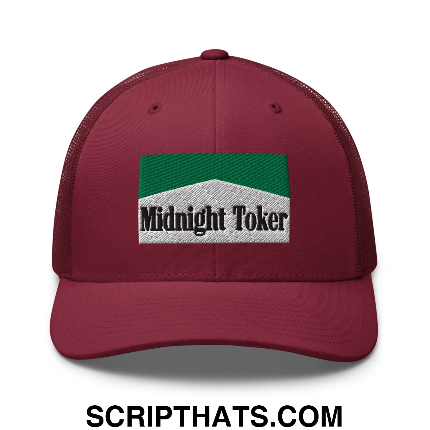 Midnight Toker Cigarette Menthol Green Embroidered Mesh Trucker Hat Cranberry