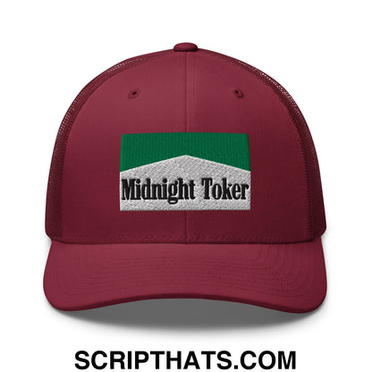 Midnight Toker Cigarette Menthol Green Embroidered Mesh Trucker Hat Cranberry
