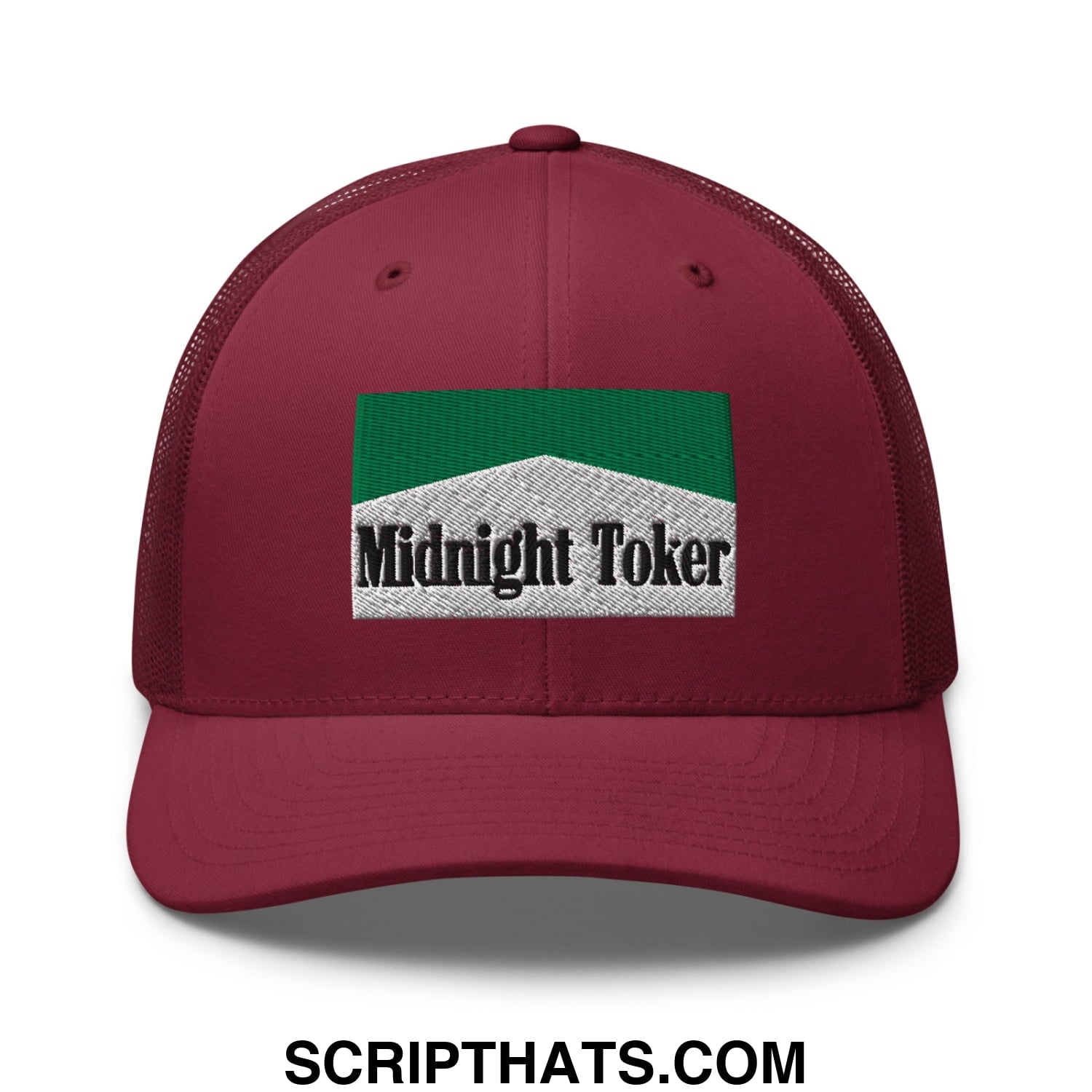 Midnight Toker Cigarette Menthol Green Embroidered Mesh Trucker Hat Cranberry