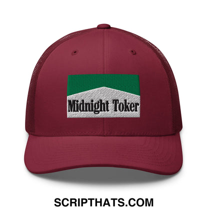Midnight Toker Cigarette Menthol Green Embroidered Mesh Trucker Hat Cranberry