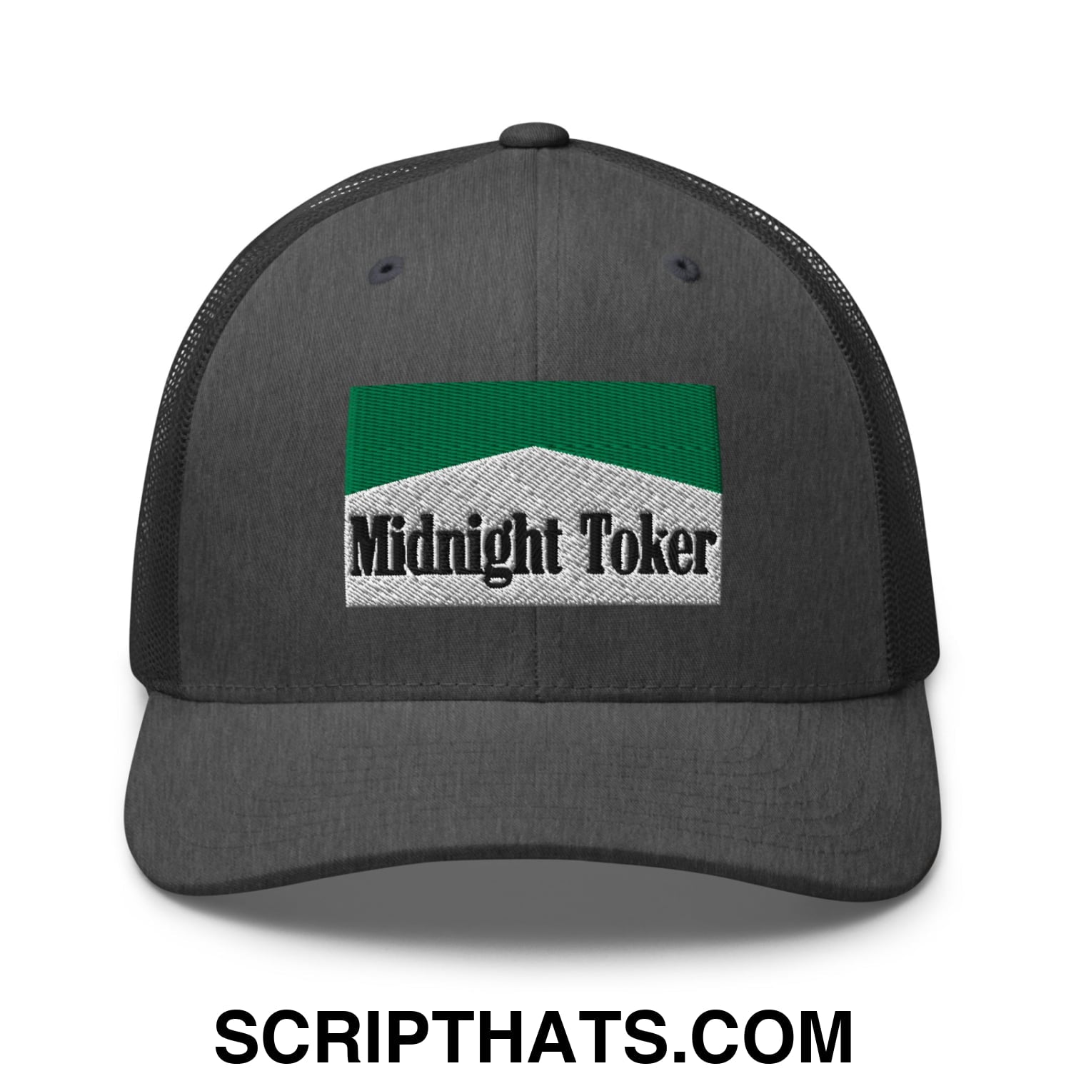 Midnight Toker Cigarette Menthol Green Embroidered Mesh Trucker Hat Dark Heather Gray