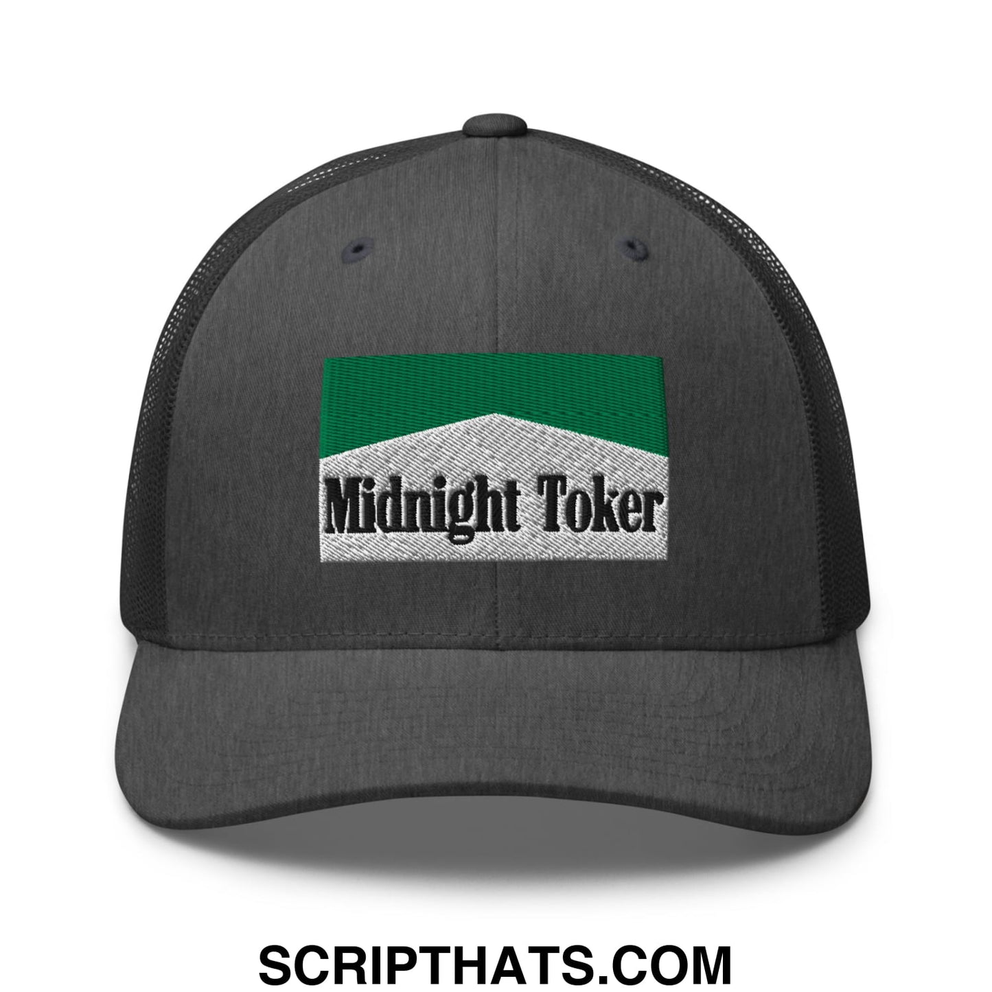 Midnight Toker Cigarette Menthol Green Embroidered Mesh Trucker Hat Dark Heather Gray