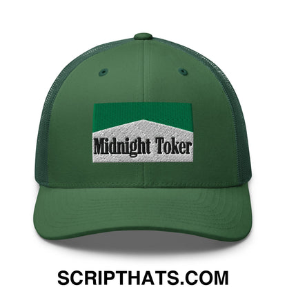 Midnight Toker Cigarette Menthol Green Embroidered Mesh Trucker Hat Evergreen