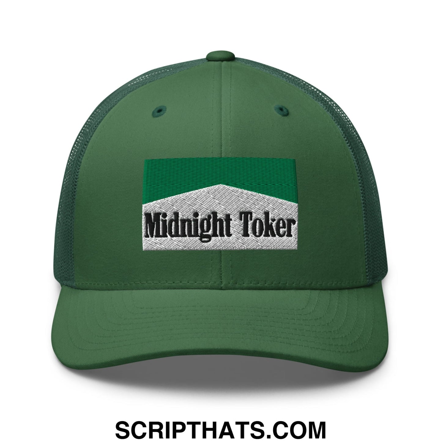Midnight Toker Cigarette Menthol Green Embroidered Mesh Trucker Hat Evergreen