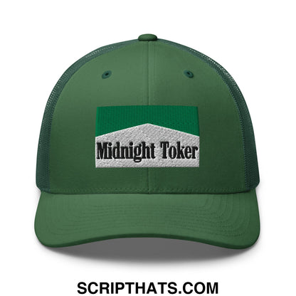 Midnight Toker Cigarette Menthol Green Embroidered Mesh Trucker Hat Evergreen