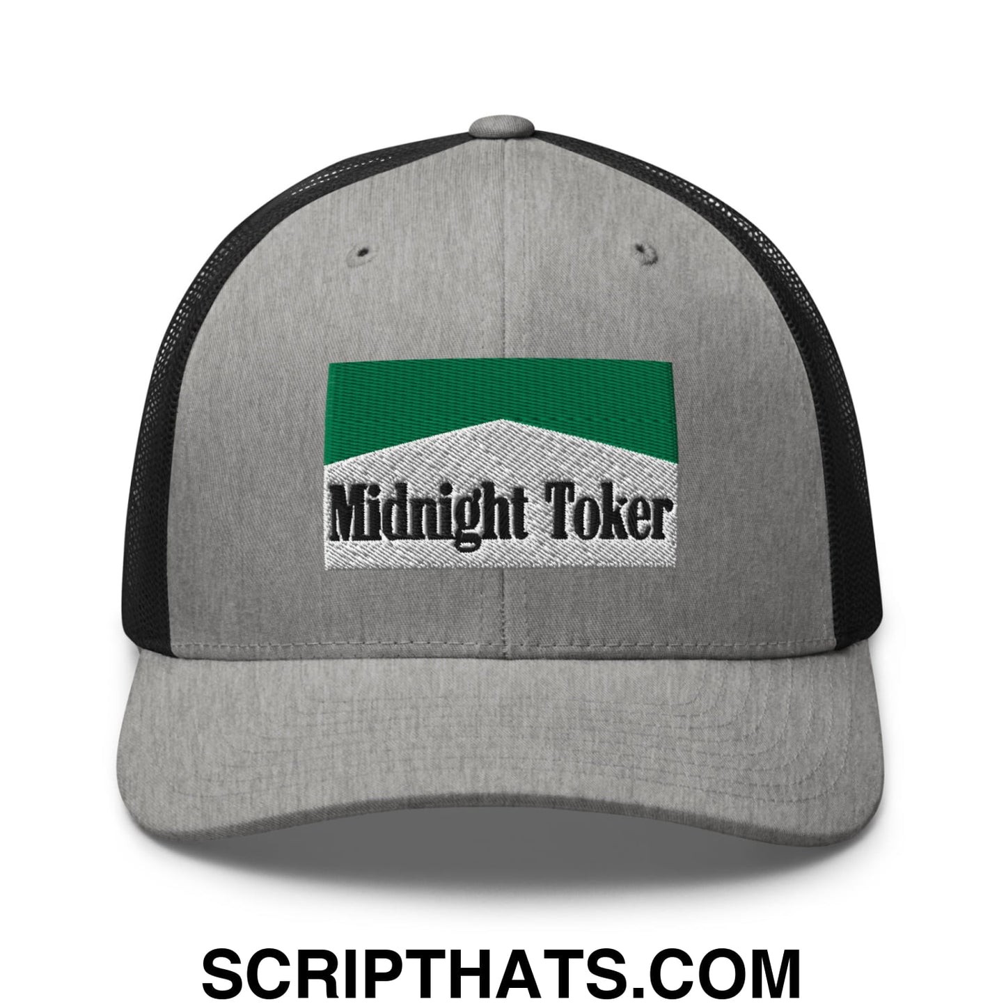 Midnight Toker Cigarette Menthol Green Embroidered Mesh Trucker Hat Heather Black