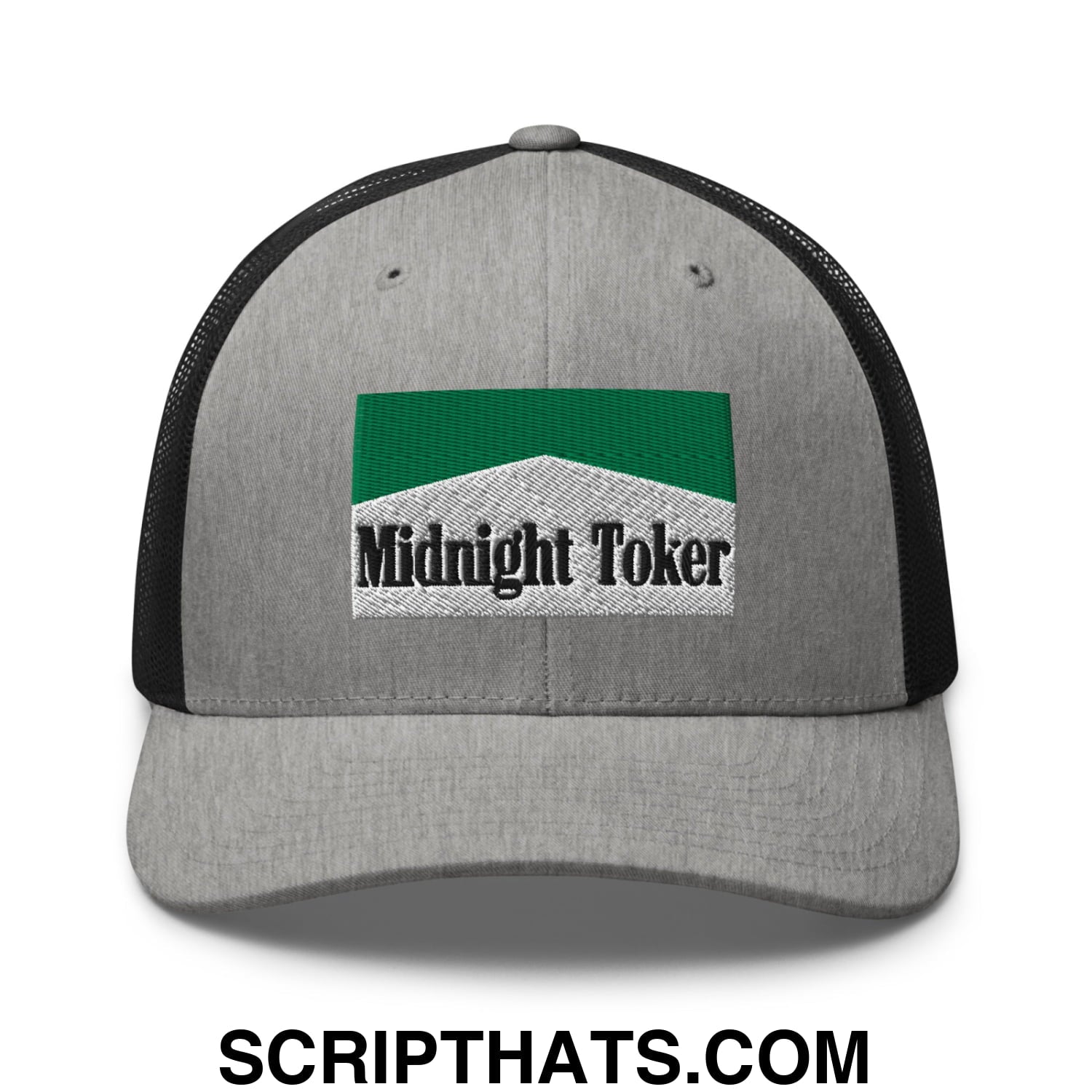 Midnight Toker Cigarette Menthol Green Embroidered Mesh Trucker Hat Heather Black