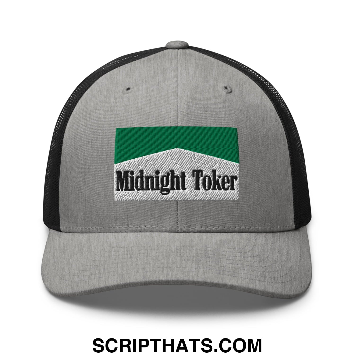 Midnight Toker Cigarette Menthol Green Embroidered Mesh Trucker Hat Heather Black