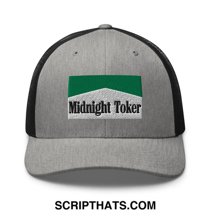Midnight Toker Cigarette Menthol Green Embroidered Mesh Trucker Hat Heather Black