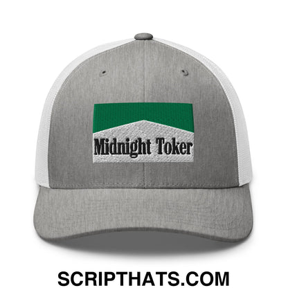 Midnight Toker Cigarette Menthol Green Embroidered Mesh Trucker Hat Heather Grey White